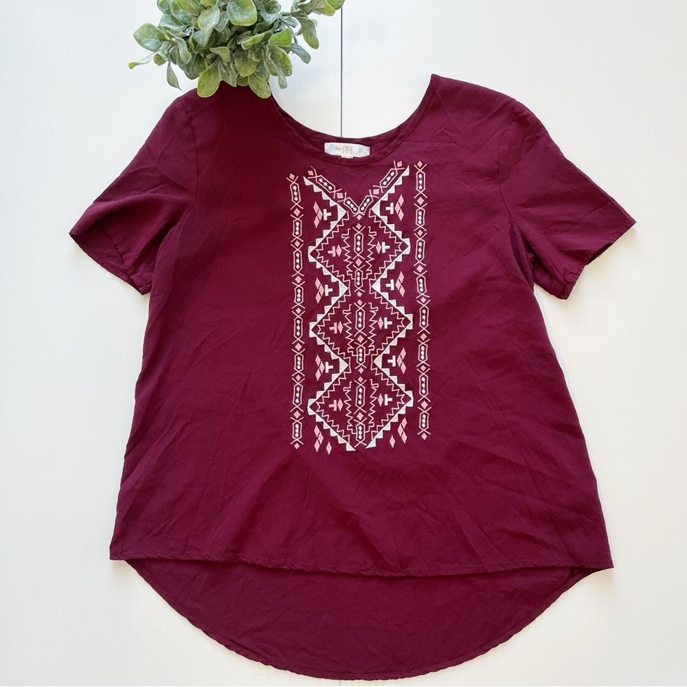 Love, Fire Aztec Tribal Burgundy Red Embroidered Hi-Low Blouse | Size Medium